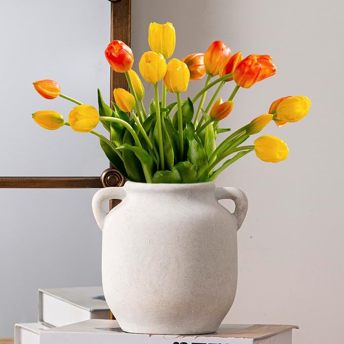 Ceramic Flower Vase Home Decor - Farmhouse Rustic White Table Vases with Handle Living Room Decoration Decorative Vintage Pottery for Kitchen Shelf Coffee Dining Desk Bookshelf Fireplace (6" Rustic)