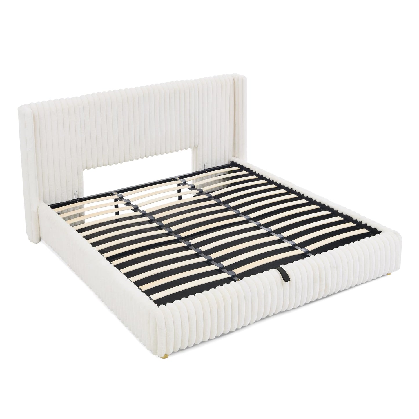 Tabaray King Bed Frame with Storage, Upholstered Platform Bed Frame with Plush Rabbit Fur Headboard, Adult Floor Bedframe with Wooden Slats Support, No Box Spring Needed for Bedroom, Apartment, Beige