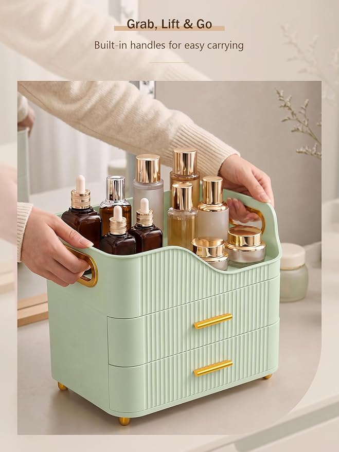 Booklov Countertop Makeup Organizer with Drawers, 3 Tier Large Cosmetic Storage Box for Vanity, Bathroom Counter, Dresser, Skincare Display Case for Lipsticks, Beauty Palettes, Teen Girl Gifts, Green