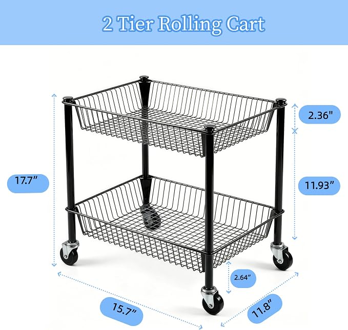 2 Tier Rolling Pantry Cart on Wheels Thick Metal Pantry Floor Organizer Small Utility Cart for Small Space, Fruit Vegetables Rack for Kitchen, Under Desk Storage Onion Potato Storage Basket, Black