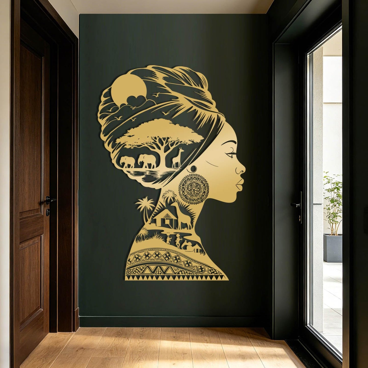 EUSTUGO African Woman Metal Wall Art, African Animals Metal Wall Art, Africa Jungle Wall Decor, Safari Decor, Black Women Silhouette Home Decoration for Living Room (Gold 1, 48"x33"/121x83cm)