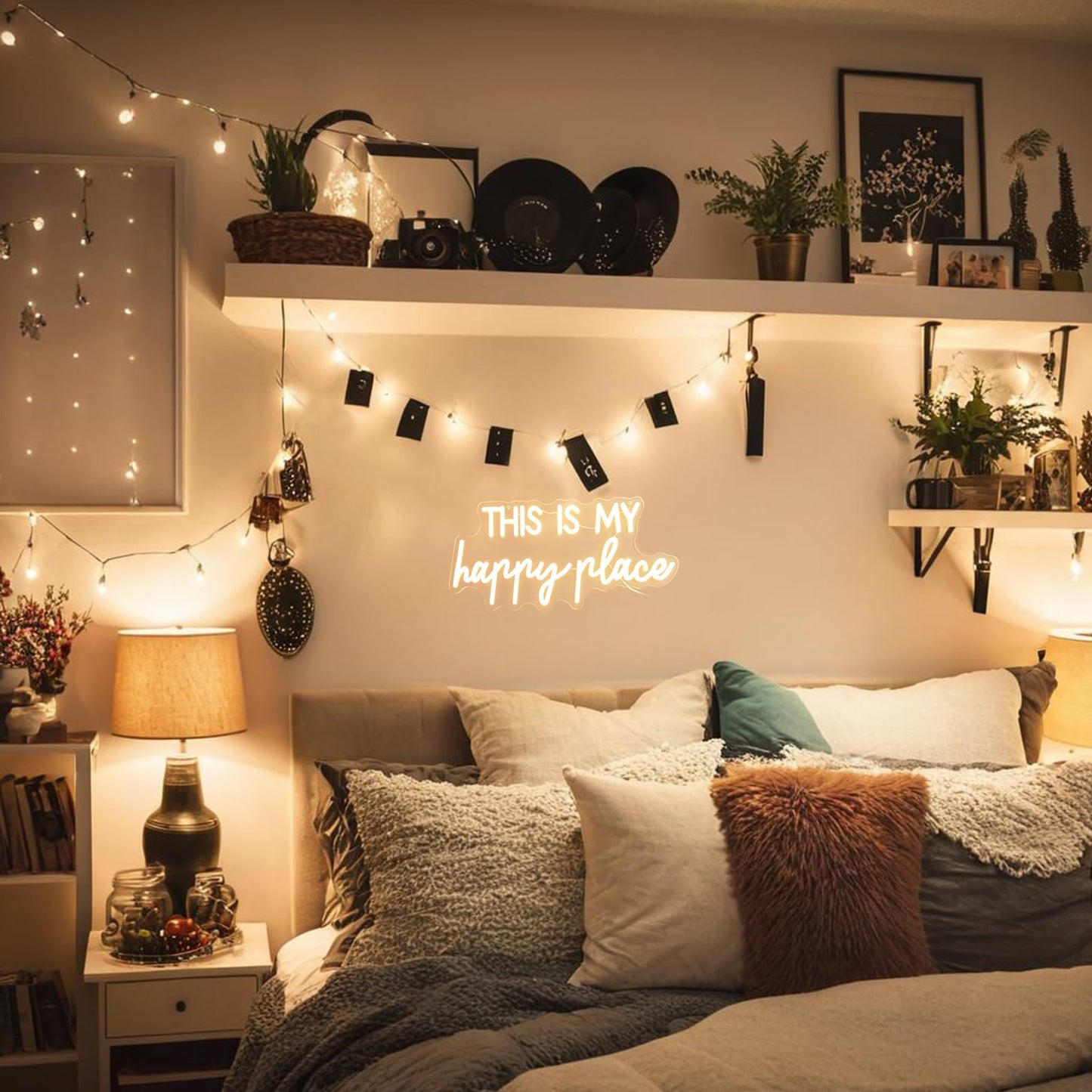 Neon Lights for Wall Decor - This Is My Happy Place Neon Signs for Teen Girls Bedroom Decor, Led Sign for Wall Decor, Nightstand Light, Dimmable Switch USB Power, Adhesive Hook Included
