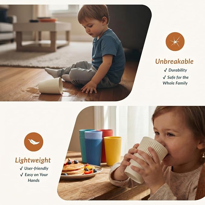 Homienly Drinking Glasses Wheat Straw cups,Unbreakable Alternative to 12oz Plastic Cups,Stackable and Lightweight Cups for Juice,Iced coffee-Colorful