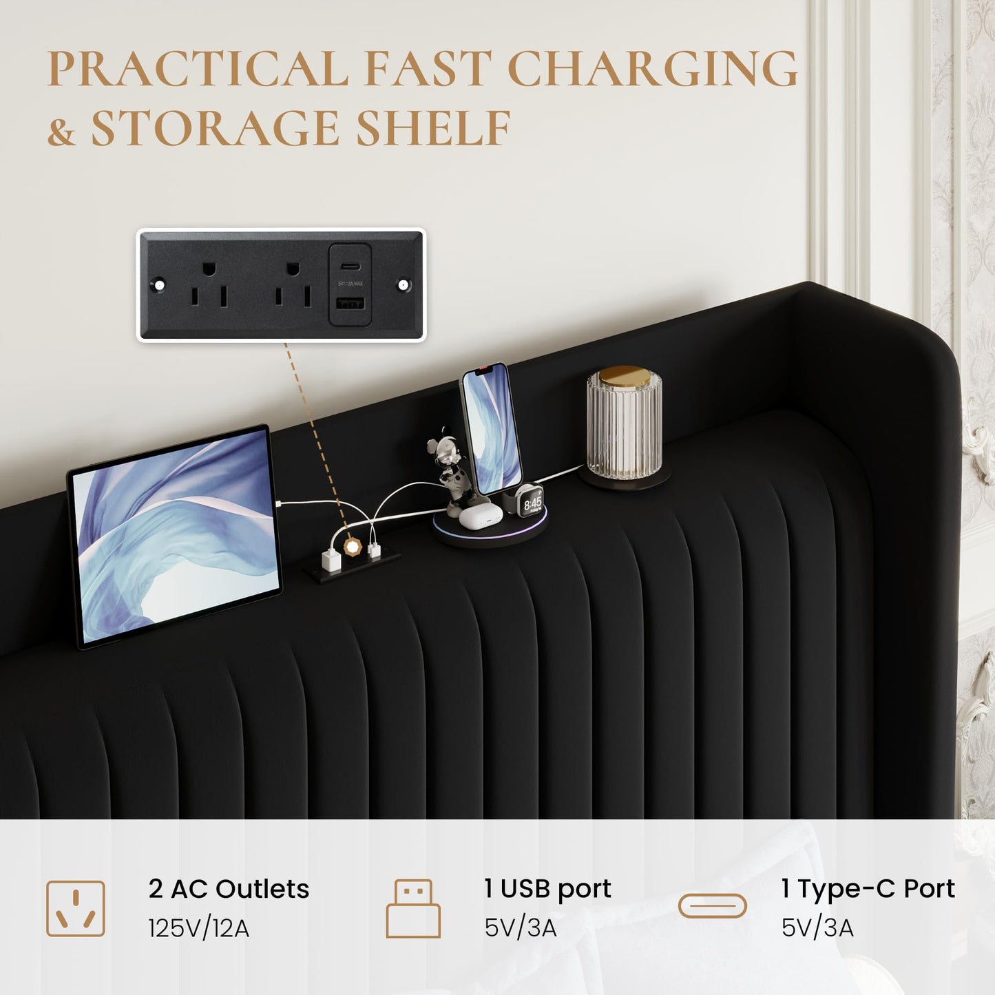 SHA CERLIN King Size Velvet Bed Frame with USB Charging Station, Wingback Storage Headboard, Upholstered Platform Bed with Wooden Slats Support, No Box Spring Needed, Easy Assembly, Black