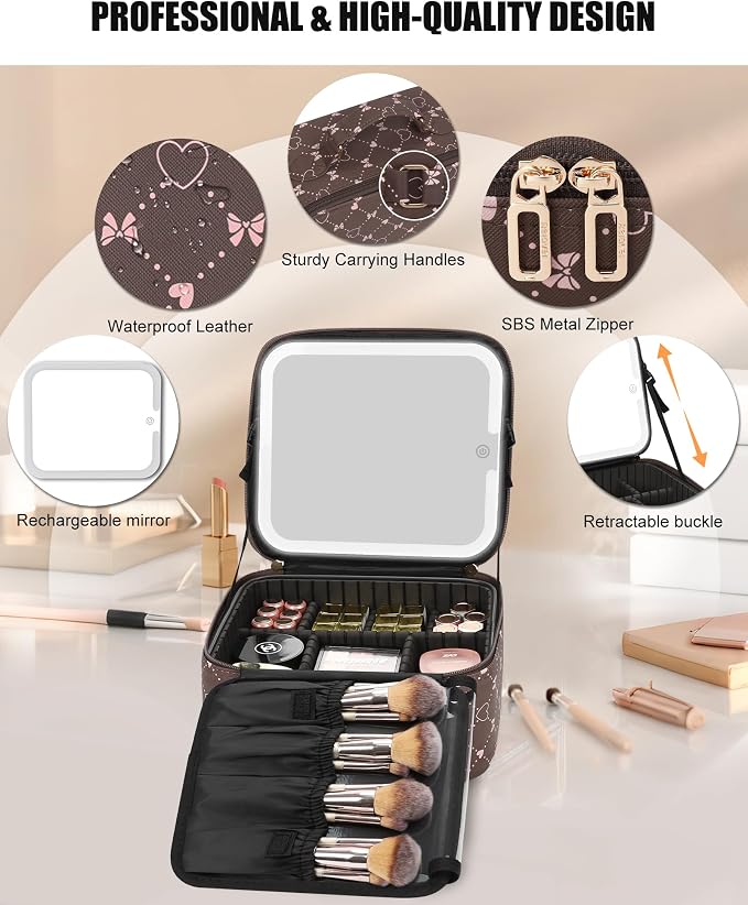 Relavel Travel Makeup Bag With LED Mirror, Portable Cosmetic Organizer Bag with Adjustable Brightness in 3 Color Scenarios, Small Train Case with Detachable Dividers for Trip- Brown Bowknot