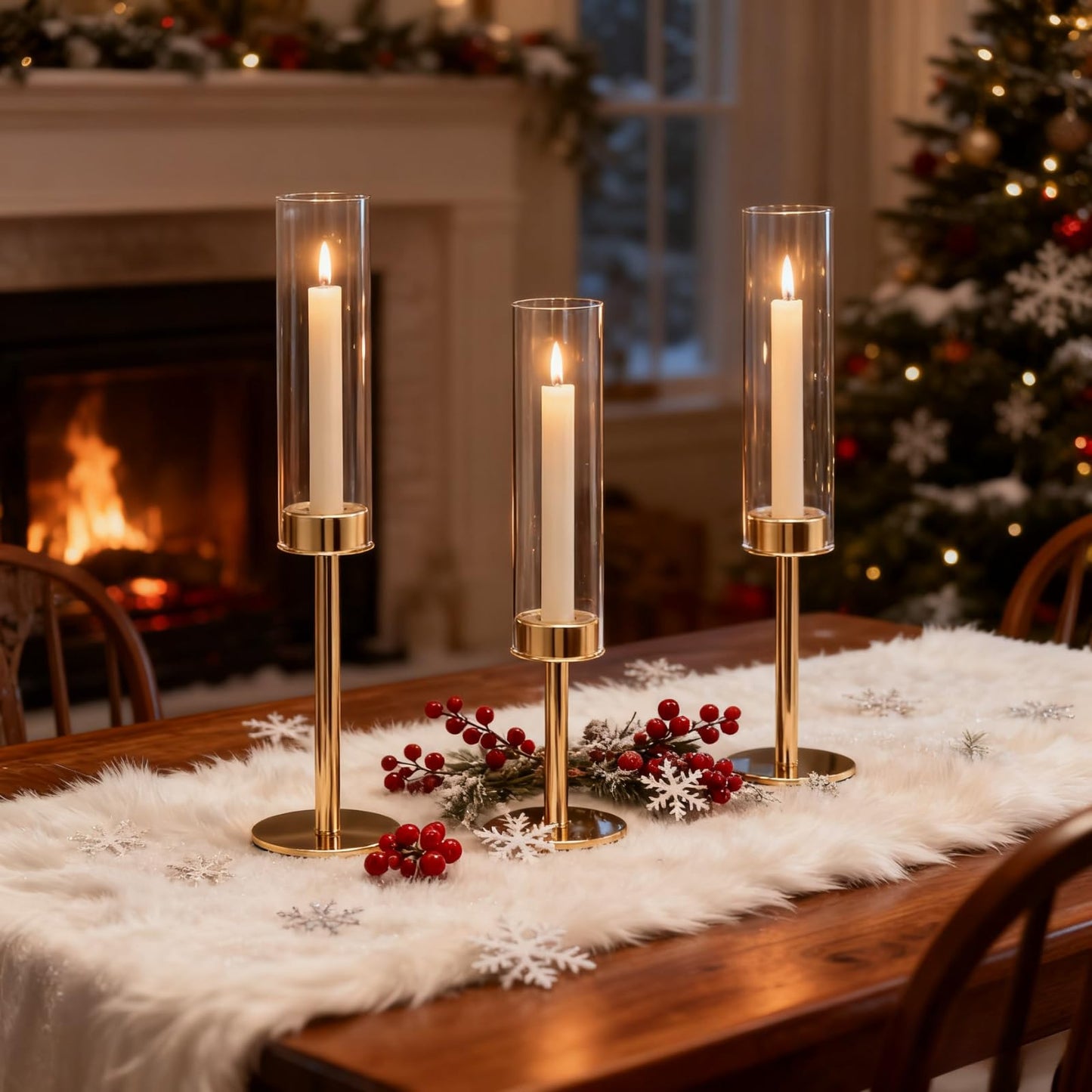 Gold Hurricane Candle Holders Set of 3, Tall Metal & Windproof Glass Taper Candle Holders, Brass Candlesticks Holder Decorations, Table Centerpieces for Weddings, Christmas, Parties, Fireplace Decor