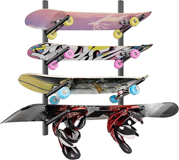 Skateboard Rack Wall Mount ??Skateboard Wall Hanger, Snowboard Display Wall Mount, Ski Holder | 4-Floor Skateboard & Ski & Snowboard Storage Rack | Snowboard & Ski Lover Gifts