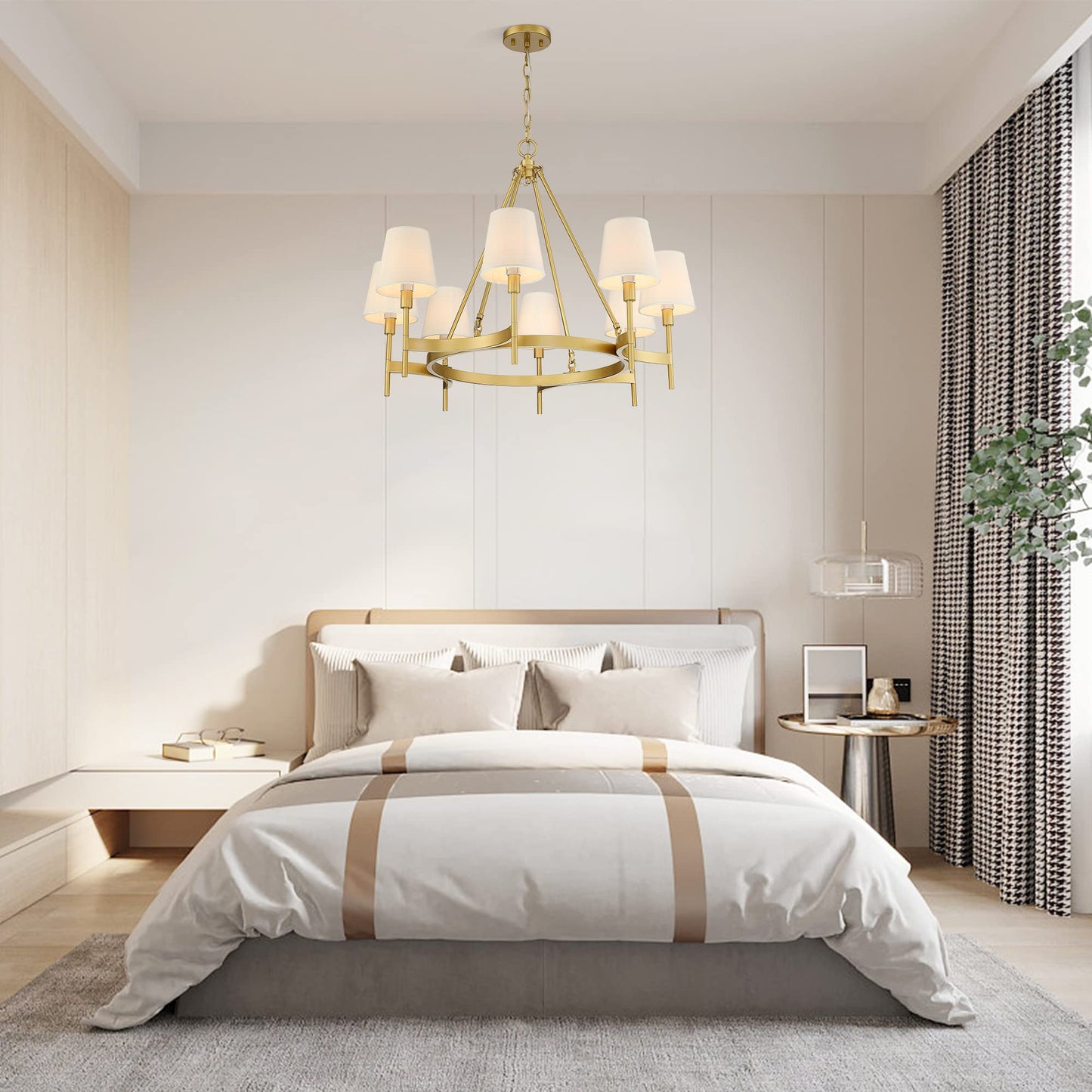 Untrammelife 8 Lights Gold Wagon Wheel Drum Chandelier, 30" Large Round Pendant Lighting Fixture with White Shade for Dining Room Living Room Bedroom Kitchen Island