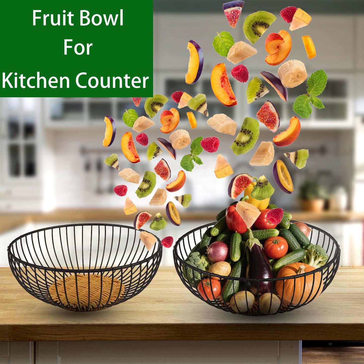 Wuqoioo Metal Wire Fruit Basket, Wire Fruit Dish Kitchen Fruit Basket Stand Fruit Bowls Rustic Wire Fruit Bowl For Fruits, Veggies (Round brown)