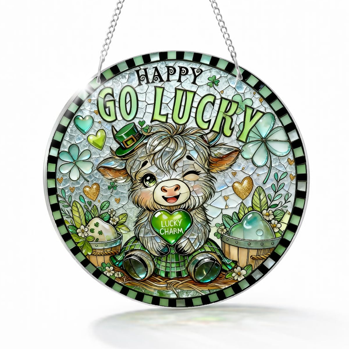 Lucky Charm Highland Cow Decor, Go Lucky Shamrock Acrylic Hanging, St. Patrick’s Day Irish Home Decoration Indoor Outdoor, Sweet Gift for Family Friends