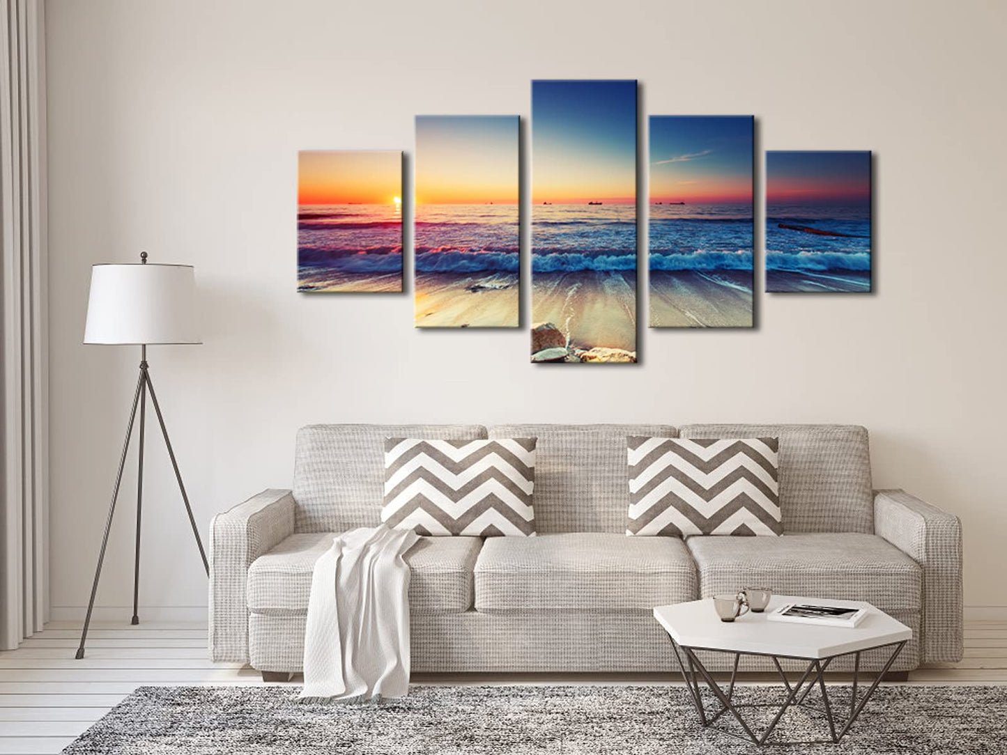 Pyradecor 5 Piece Large Modern Seascape Artwork Gallery Wrapped Ocean Sea Beach Pictures Canvas Prints Waves Paintings on Canvas Wall Art for Living Room Bedroom Home Decorations L