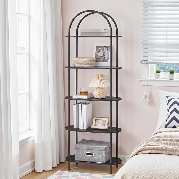 HOOBRO 5 Tier Open Bookshelf, Industrial Arched Bookcase Display Shelf Rack, Wooden Bookcase Storage Shelf Metal Frame, Tall Storage Organizer for Home, Easy Assembly, Black BB176SJ01