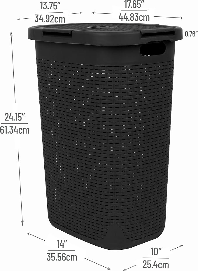 Mind Reader Slim Laundry Hamper with Lid, 60L Tall Clothes Basket, Narrow Tapered Design for Bathrooms, Closets and Laundry Rooms, Plastic, 2 Pack, Black