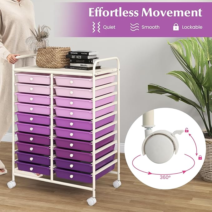 COSTWAY 20-Drawer Rolling Storage Cart, Utility Storage Organizer Cart for Tools, Scrapbook, Paper, Craft, Multipurpose Storage Trolley on Wheels for Home Office School, Purple Gradient