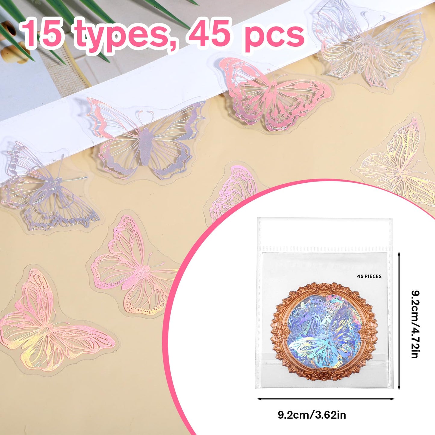 45PCS Butterfly Holographic Stickers Transparent Butterfly Stickers Glitter Butterflys Sticker Set Waterproof Decorative Pet Decals for Scrapbooking Journaling Planners DIY Crafts Laptop Water Bottle
