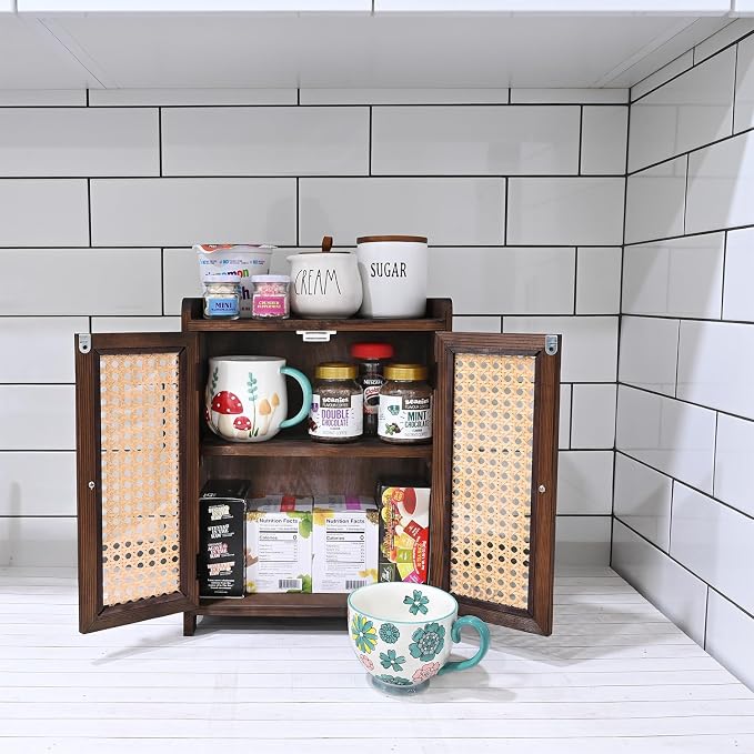 Ikee Design Wooden Countertop Storage Cabinet with Magnetic Rattan Doors, Kitchen Pantry Cabinet with Removable Shelves, Coffee, Snack, Cup Organizer, Dark Brown Color, 12.1W x 6.1D x 15.7H in