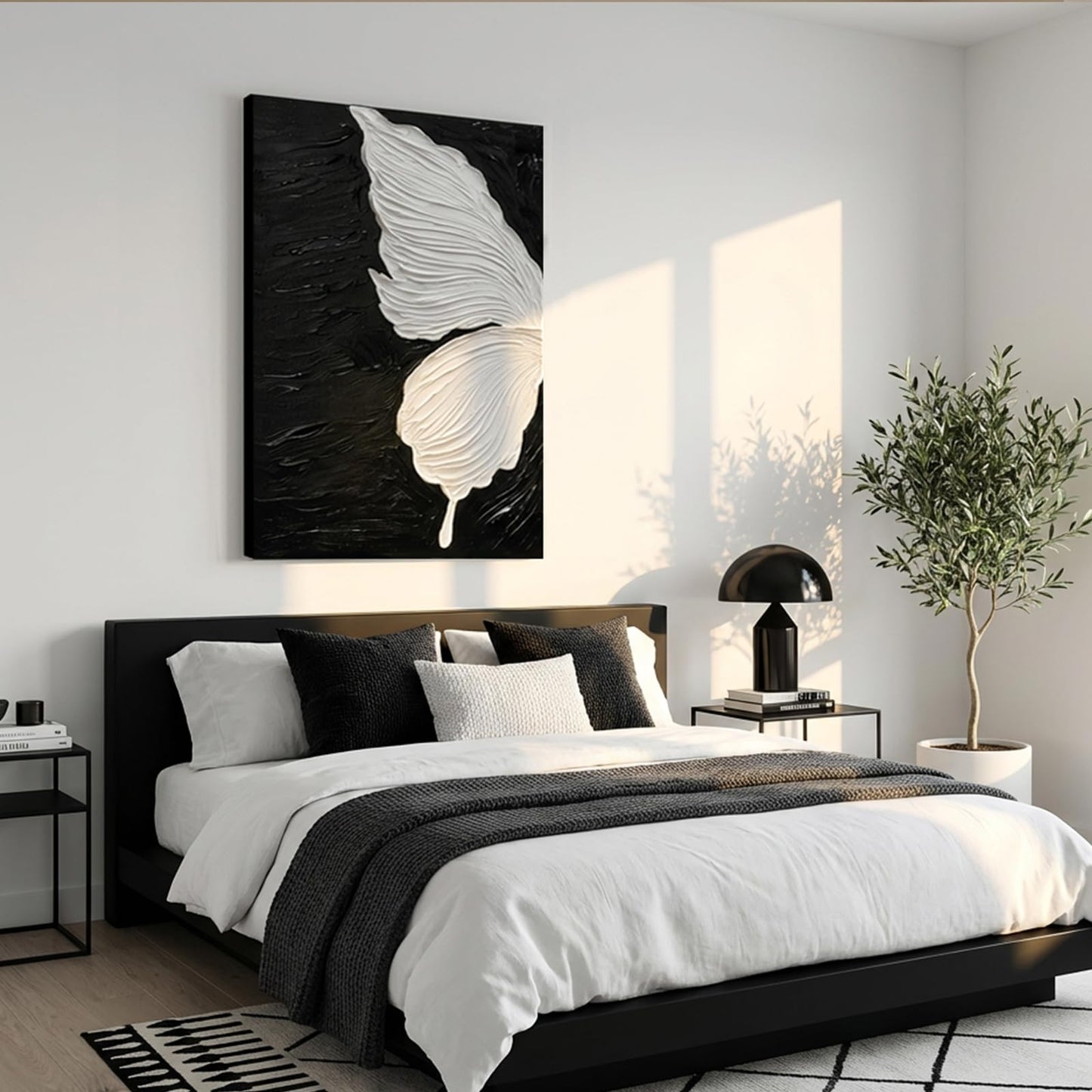 JUHOME Abstract Butterfly Canvas Wall Art – 24x36 Original Hand-Painted Black &White Textured Butterfly Wing Oil Painting on Black Canvas, Modern Minimalist Vertical Wall Decor for Living Room Bedroom