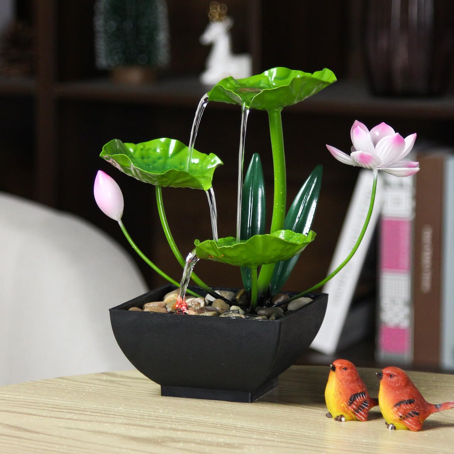 YOQUATE Water Fountain Indoor Waterfall Fountain 3-Tier Tabletop Fountain Lotus Desk Relaxation Home Decor Including Lots of Rocks and Soothing Sound Machine (Green 2)