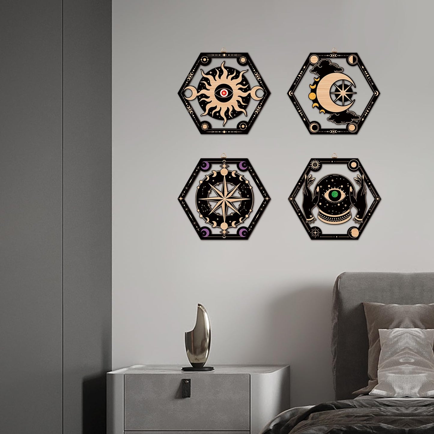 CHDITB 4Pcs Wooden Witchy Sun Moon Star Tarot Wall Art, Mystical Wizards Celestial Laser Cut Hollow Artwork Hanging Sign, Moody Boho Gothic Astrology Aesthetic Home Decor for Bedroom Living Room(10"x9")