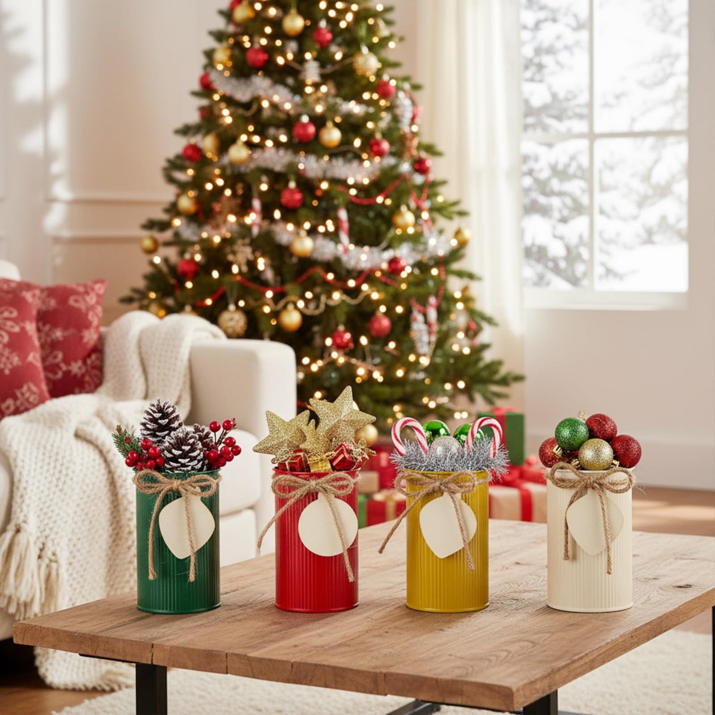 Acellegic 8 Pack Christmas Table Centerpieces Farmhouse Rustic Galvanized Metal Vases Decor Flower Buckets Mason Jar Utensil Holder with Twine Bow & Wooden Cutouts for Xmas Holiday Table Decor