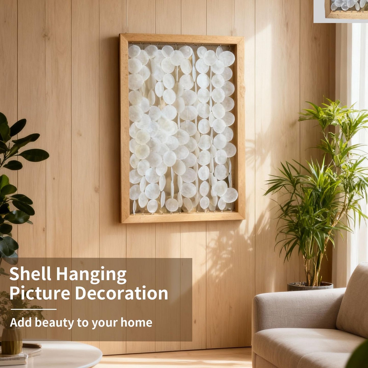 Vechor Handmade 24"x15.7" Capiz Shell Wall Art, Coastal Beach Décor，Solid Wood Frame, Natural White Seashell Hanging for Living Room, Bedroom, Office