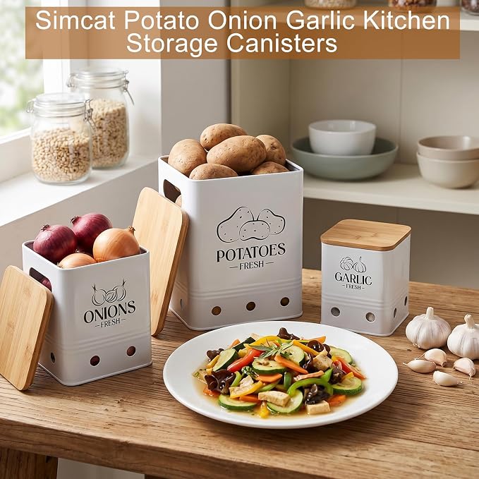 Simcat Kitchen Vegetable Storage Tins Set of 3, Potato Onion Garlic Kitchen Storage Canisters, Vegetable bin Keeper Containers with Aerating Holes and Wooden Lid (White 1)