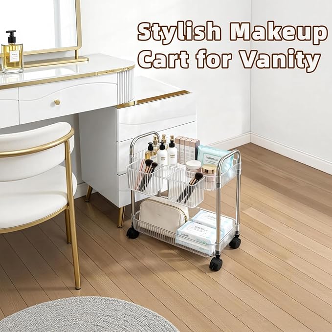 2 Tier Utility Rolling Cart with Wheels Sofa Side Table Small Under Desk Storage Organizer, Clear Acrylic Plastic Mobile Trolley Organization Storage Cart for Kitchen Pantry Bathroom Vanity