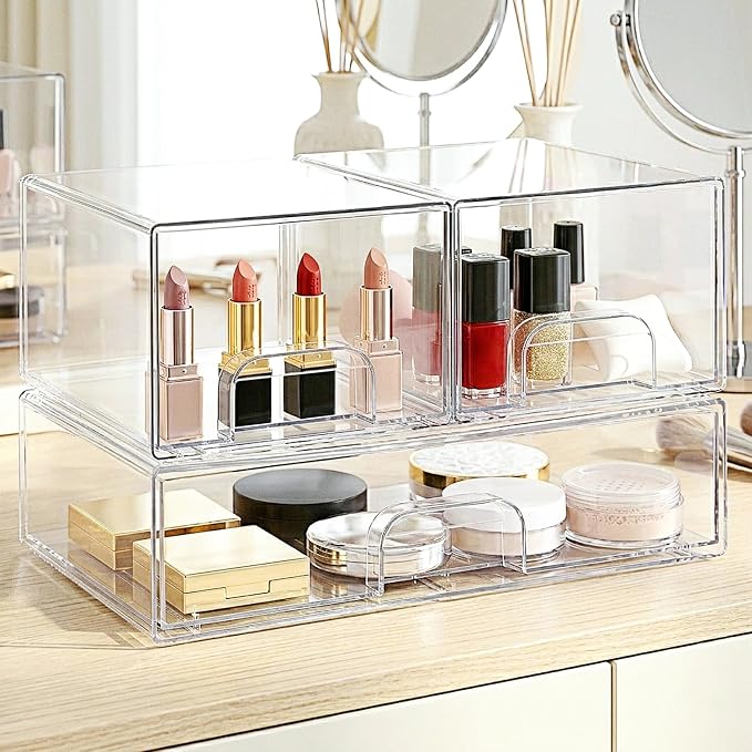 Bottle Storage Organizer Baby, Clear Stackable Storage Drawers Set for Baby Bottle, Beauty Supplies Storage, Ideal for Countertop, Vanity, Bathroom, Cabinet, Pantry Organization (7.8"H, 3 Pack)