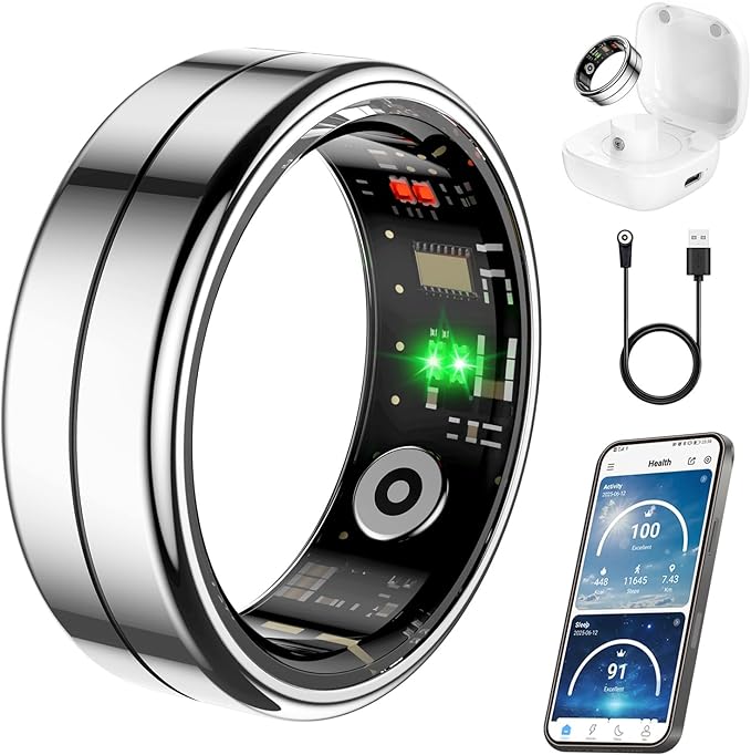 Fit Ring, Smart Health Rings for Women Men with Heart Rate,Blood Oxygen,HRV,Stress Level, Sleep Monitor, Step Tracker, No Subscription Fee, IP68 Waterproof Smart Ring for iphone &Android (Silver, 7#)