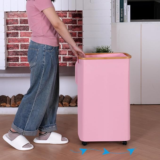 iEGrow Laundry Hamper with Wheels,110L Laundry Basket with lid Rolling Clothes Hamper Dirty Clothes Basket on wheels with Bamboo Frame and Bag for Bedroom, Dorm, Laundry Room,Pink