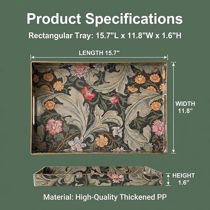 Vintage William Morris-Style Serving Tray with Handles - 15.7" x 11.8" Floral Pattern Decorative Platter for Coffee Table, Ottoman & Breakfast in Bed - Sturdy Plastic Rectangular Tray