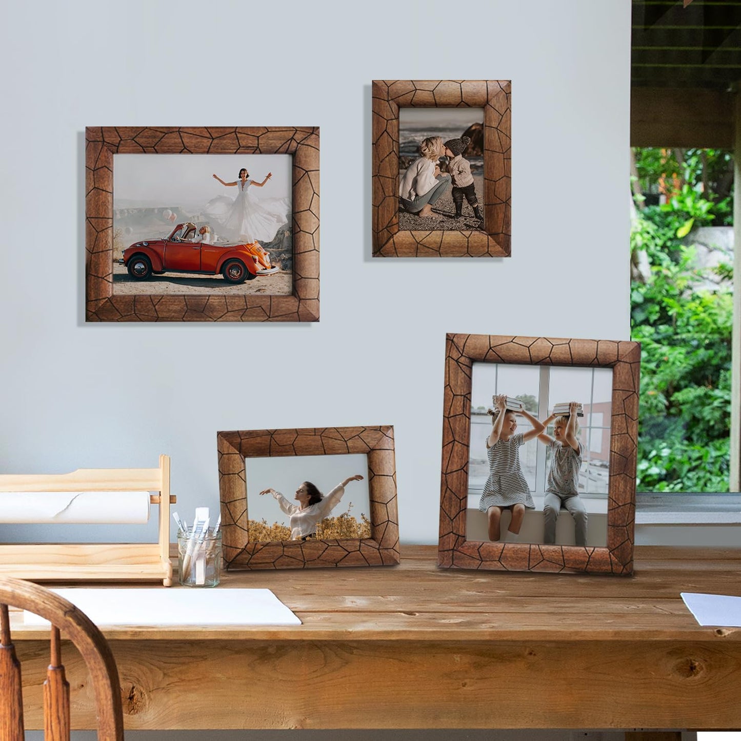 Eosglac 8x10 Picture Frame Wood, with Laser-Etched Cracked Texture, 8 x 10 Brown Rustic Wood Frames Farmhouse Countryside Decor Display Tabletop or Wall
