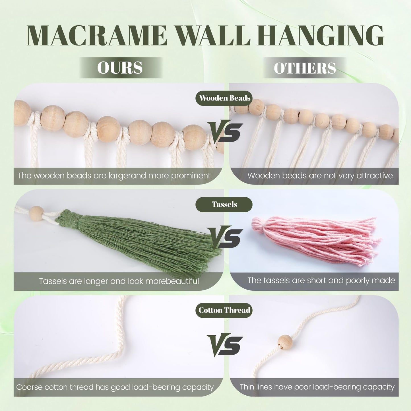Large Macrame Wall Hanging Tapestry with Wood Bead and Leaf Wall Decor for Bedroom Living Room Nursery Apartment, Room Boho Style Decor Tapestry, 43.3" W X 25.9" L Green Tapestry