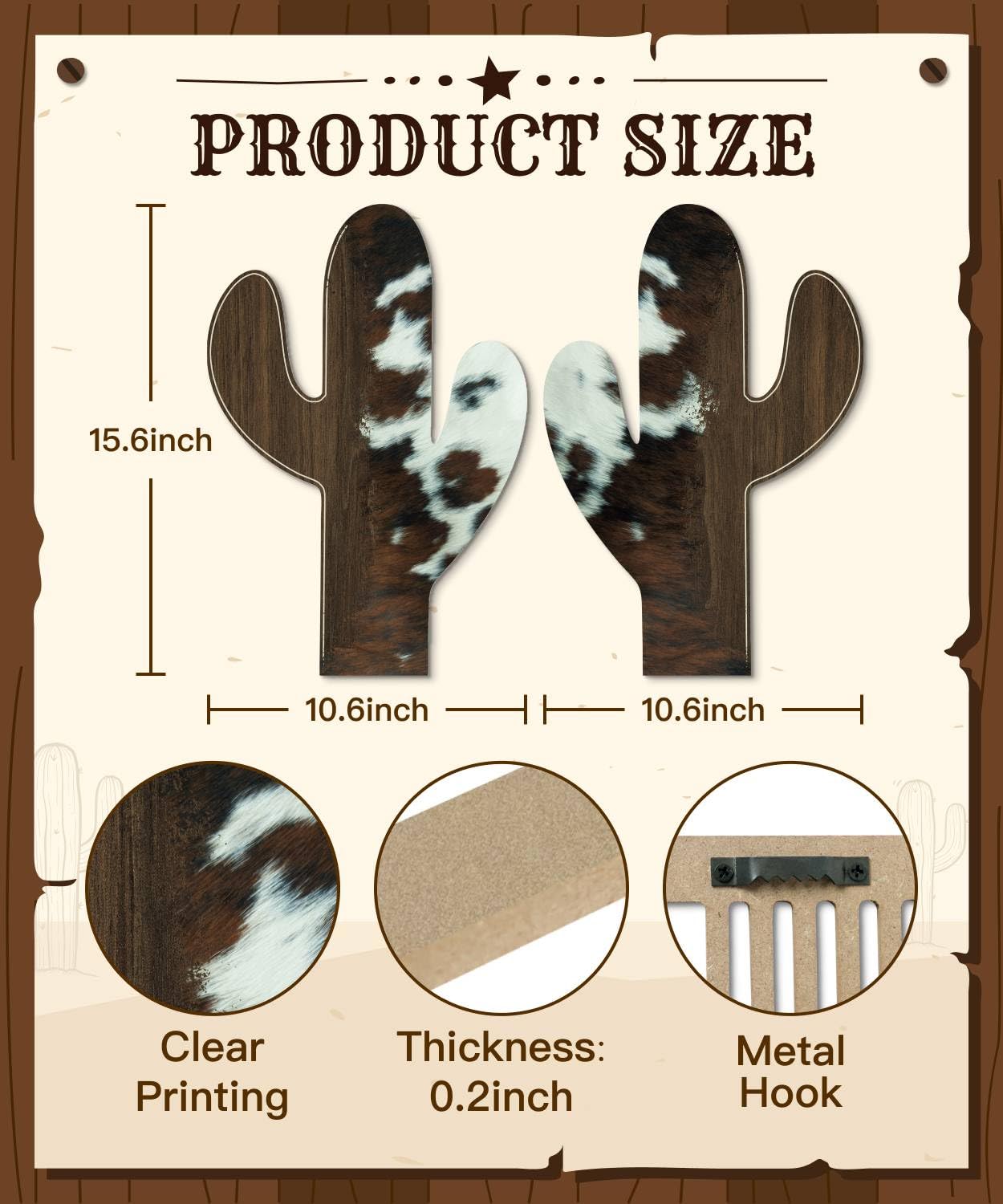 Putuo Decor Cactus Wall Decor Set of 2, Western Farmhouse Cowhide Cactus Wall Art, Rustic Cow Print Wall Hanging for Living Room Bedroom Entryway