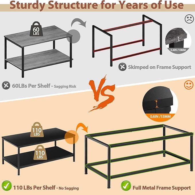 SUPER DEAL 2-Tier Coffee Table with Storage Shelf for Small Apartment Living Room, Rectangle Wood and Stable Metal TV Stand Side End Table, Black