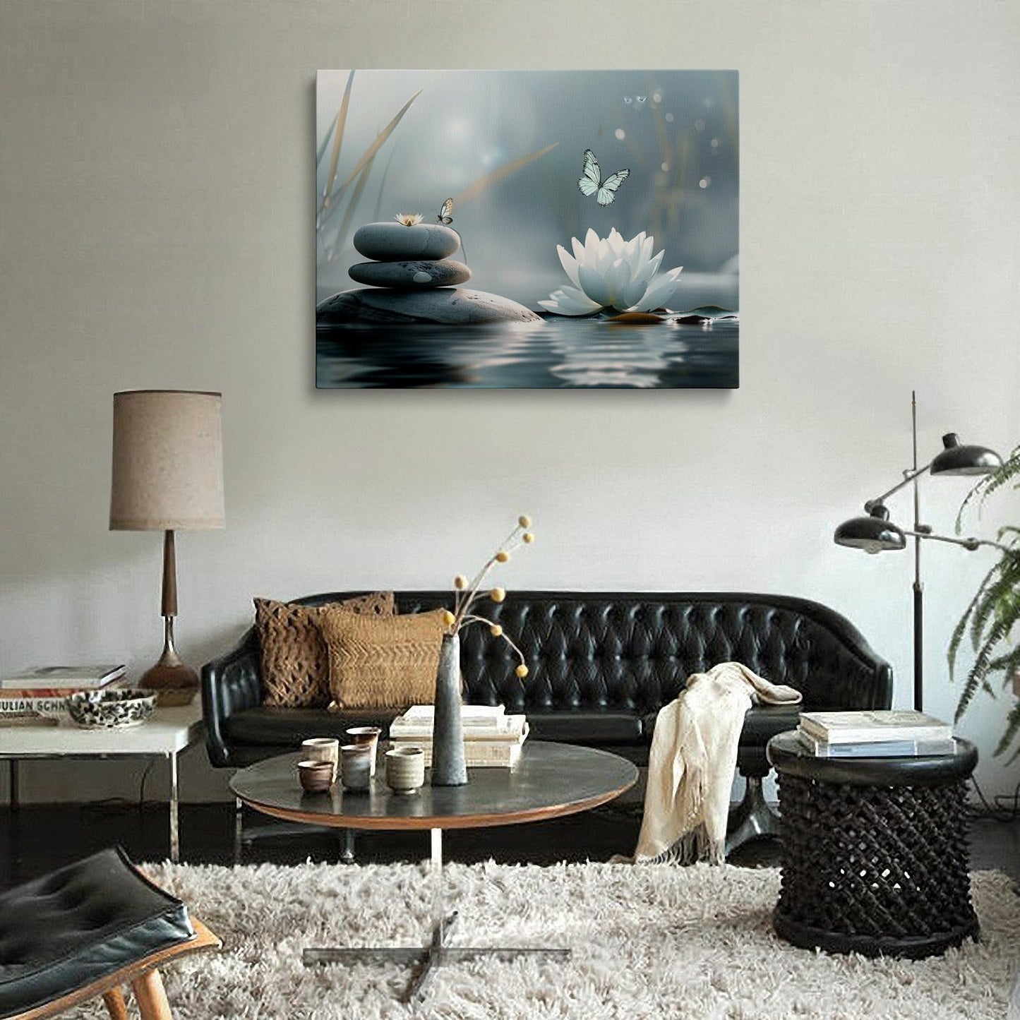 Zen Lotus Flower with Stones and Butterflies Canvas Wall Art Framed Serene Painting Prints Posters Artwork for Meditation Room Wall Decor Calming Spiritual Bathroom Art 12x16 Inches
