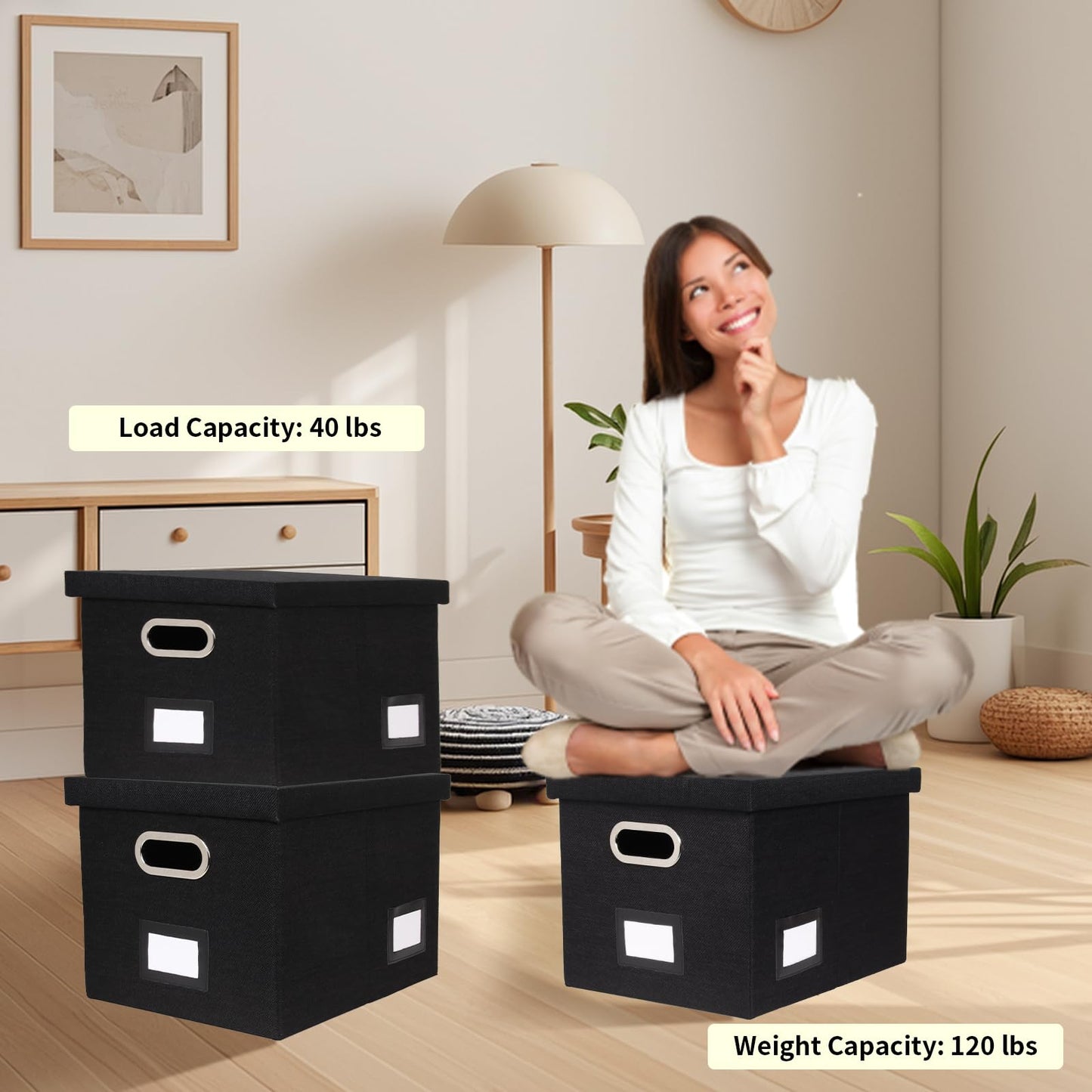 Tcbelosion Portable File Organizer Box with Lid, Filing Box with Handle, Multi-Label Slots, Perfect for Office/Home/Decor (Black)