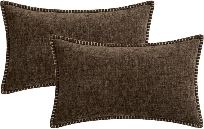 MIULEE Pack of 2 Lumbar Throw Pillow Covers 12x20 Inch Brown Farmhouse Decorative Pillow Covers with Stitched Edge Soft Chenille Solid Dyed Pillow Covers for Couch Sofa Bed Living Room