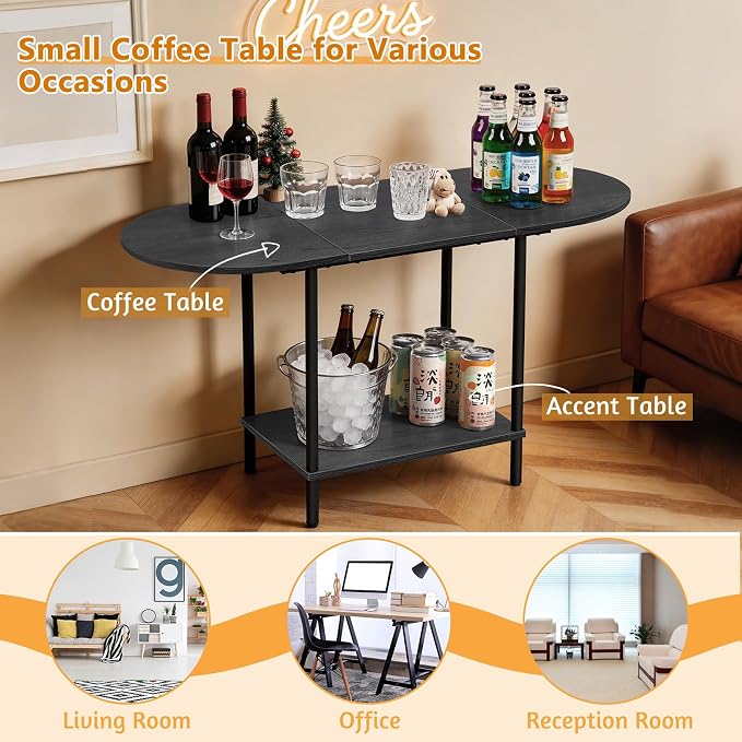 Small Coffee Table,35.4'' Oval Coffee Table with Storage Shelf & Metal Frame,Low Cocktail Tea Accent Table for Apartment,Modern Mid Century Small Living Room Table,Dark Gray