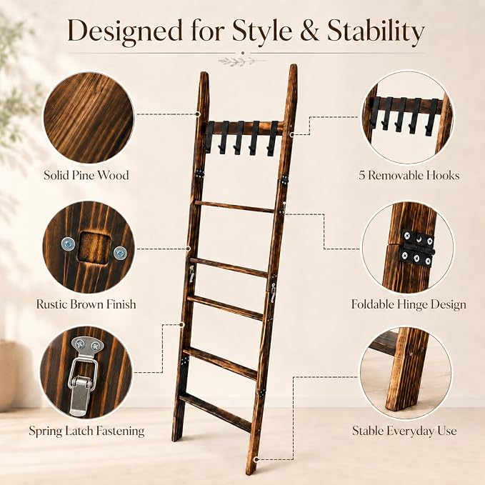 Blanket Ladder with 5 Removable Hooks, 67 Inch 6-Tier Wooden Blanket Rack, Rustic Brown Towel Ladder, Decorative Quilt Rack for Living Room Bedroom Bathroom Farmhouse Decor
