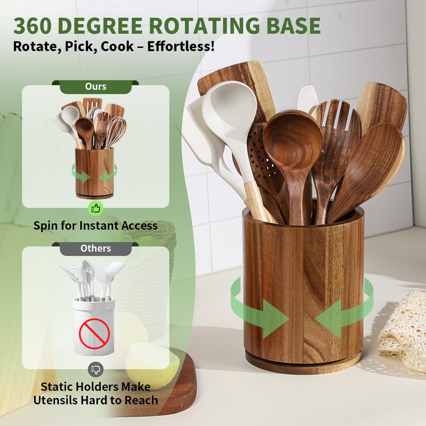 gorsent Wooden Utensil Holder, 360°Rotating 7.3'' Large Utensil Holder for Kitchen Counter, Kitchen Utensil Organizer, Utensil Crock, Farmhouse Kitchens Countertop Decor, Acacia Wood
