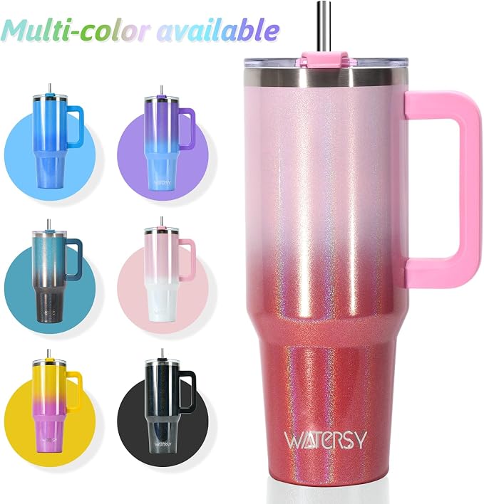 40 oz Shiny Tumbler with Handle and Straw,Stainless Steel Tumbler with Lid and Straw,Insulated Travel Mug(Cold for 34 Hours),Water Bottle for Iced Tea,Coffee (Red)