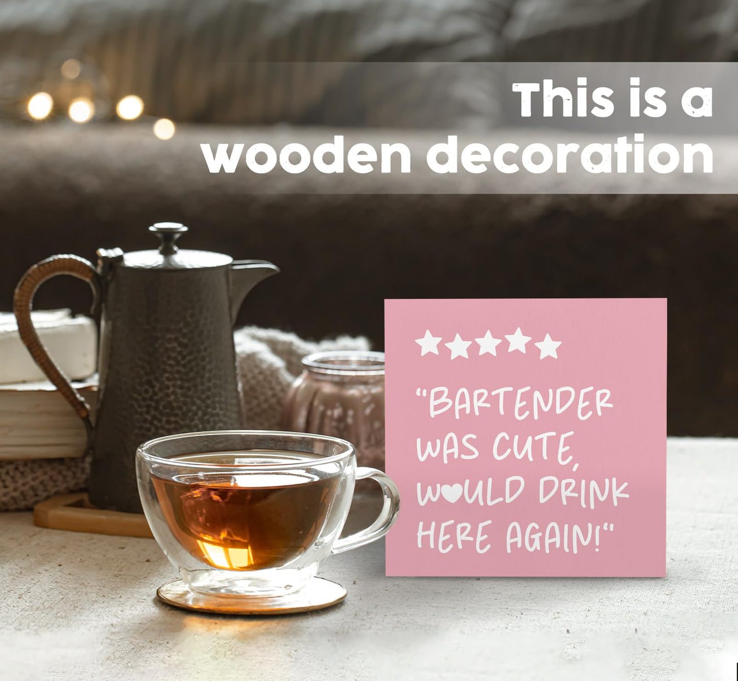 Nitelat Pink Bar Cart Bartender Accessories Signs, Was Cute Would Drink Here Again Wooden Box Signs, Bar Decorations For Home, Pink Wood Sign Home Decor For Kitchen Desk Table Shelf 5x5 Inch