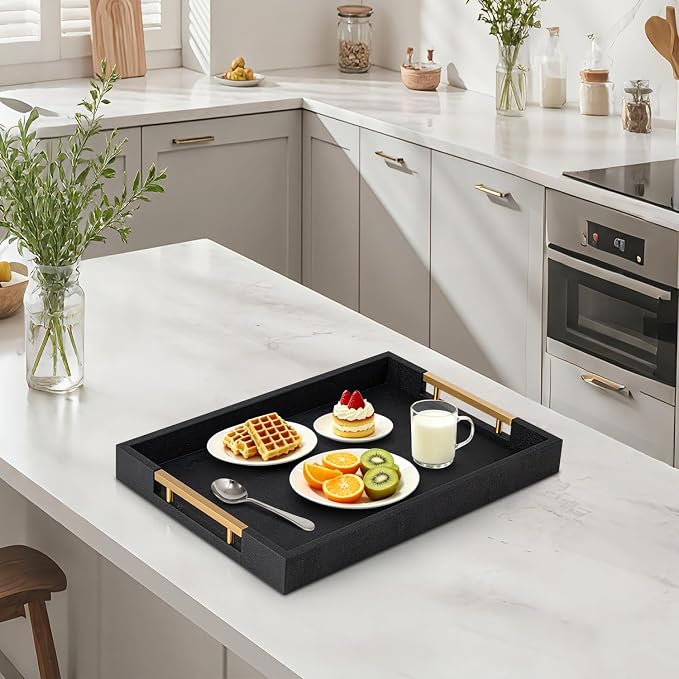 Black Faux Leather Large Square Tray with Handles – Decorative Serving for Coffee Table, Ottoman, Living Room & Bathroom