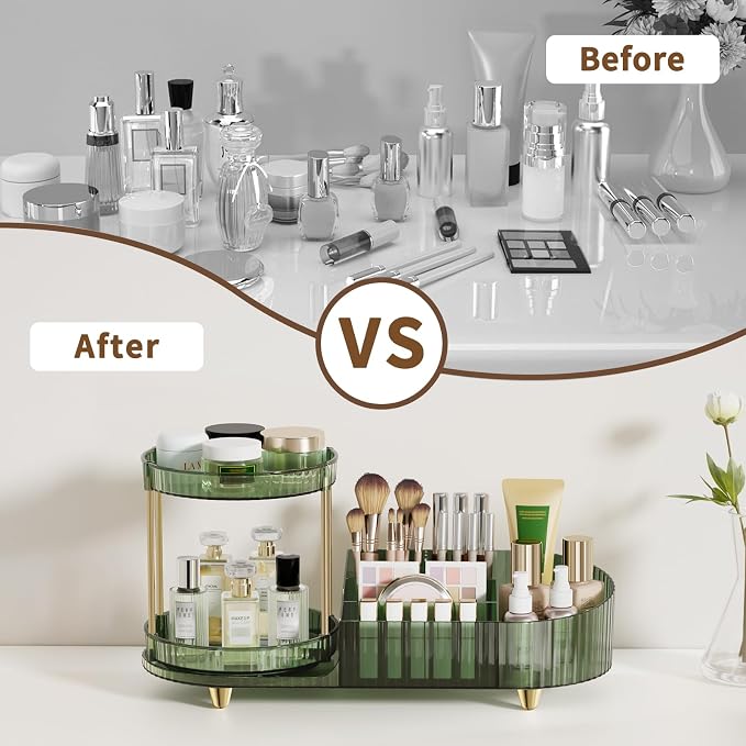 360 Rotating Makeup Organizer for Vanity, 2 Small Trays & 5 Compartments for Cosmetics, Skincare, Perfume, Lipstick & Make up Brush Holder, Bathroom Countertop Organizers and Storage for Dresser, Desk