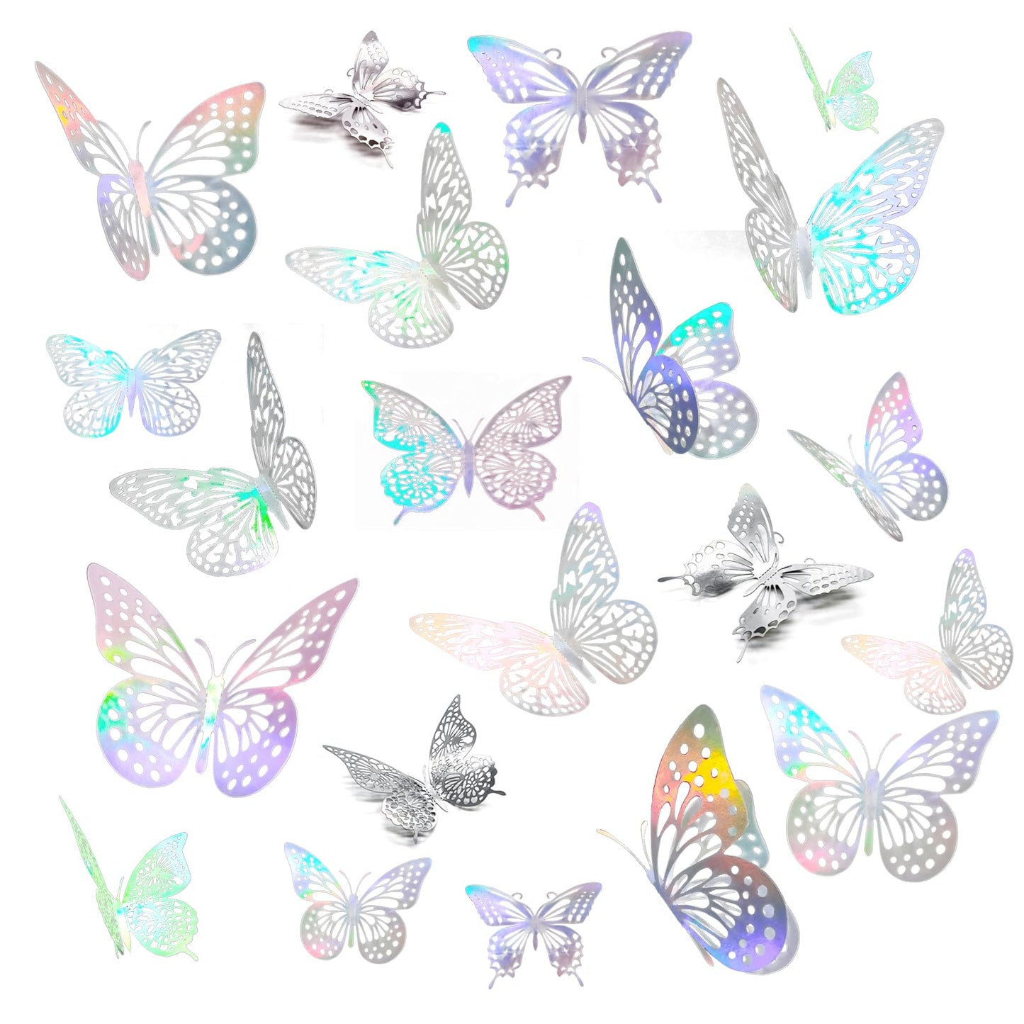 JOSDIOX 3D Laser Sivery Butterfly Wall Stickers - 48 Pcs with 4 Styles & 3 Sizes, Removable Decor for Party Birthday Wedding Cake Balloon Decoration (48 Laser Sivery)