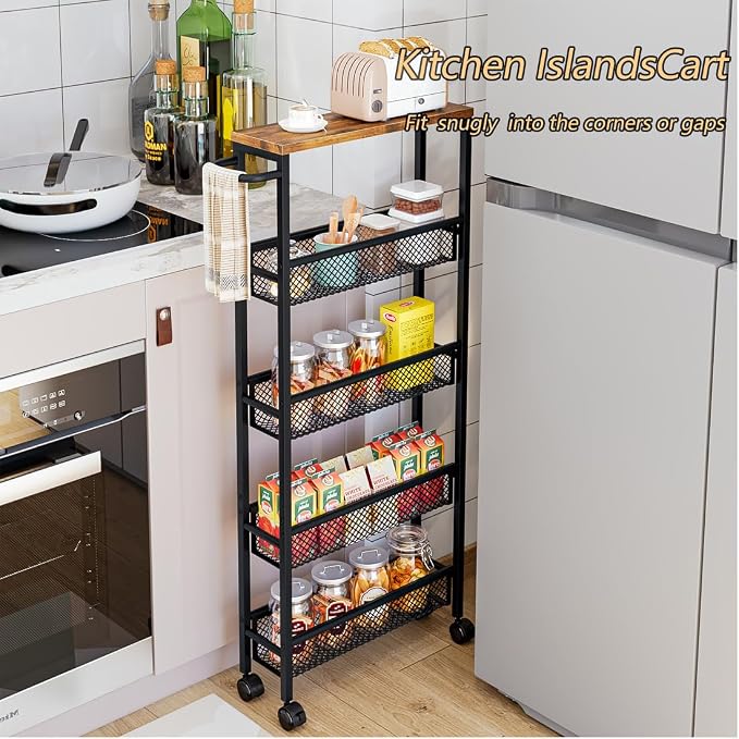 AZERPIAN Slim Rolling Cart 5 Tier Narrow Storage Cart on Wheels with MDF Board Top and Metal Handle for Small Space Kitchen Living Room Home Office Pantry Bathroom Laundry (16.38 x 5.12 x 39.17 inch)