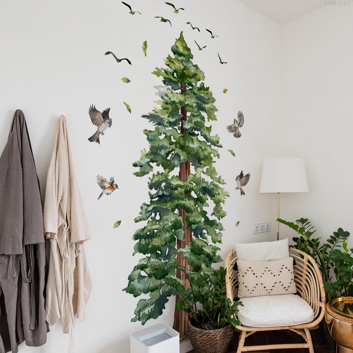 Large Tree Wall Sticker 4 Sheets Green Pine Tree Wall Decal Peel and Stick Bird Wall Art Decor 3D Woodland Animals Wall Stickers for Living Room
