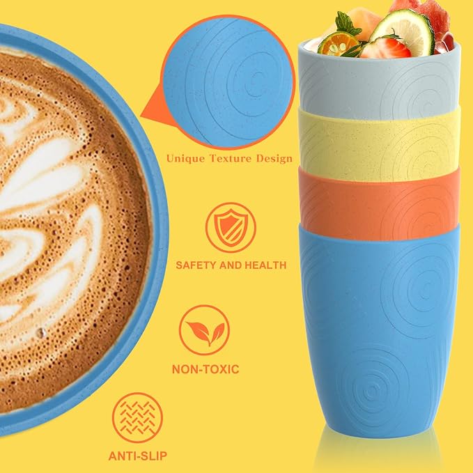 Homienly Drinking Glasses & Shatterproof Cups Set of 4 | Premium Wheat Straw, Non-Toxic Reusable Plastic Cups | Dishwasher & Microwave Safe for Beach, Camping... (12 oz, Beach Color)