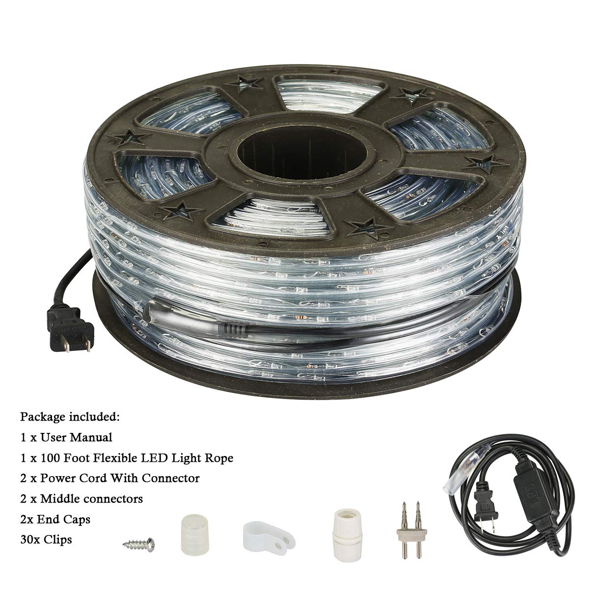 Buyagn 100Ft Warm White LED Rope Lights, 110v Waterproof Indoor/Outdoor String Lights, Cuttable, 1080 LEDs Rope Lights for Outside, Garden, Patio, Deck, Halloween and Christmas Decorations